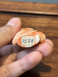 Zeven gevarieerde Chinese snuifflessen in edelsteen, bloedkoraal, glas en barnsteen, 19e eeuw