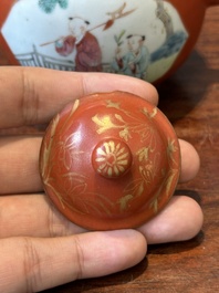 A Chinese famille rose coral-red-ground teapot with 'faux marbre' spout and handle, Jiaqing