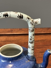 A Chinese gilt-decorated powder-blue teapot and cover with a faux-bamboo handle, Kangxi