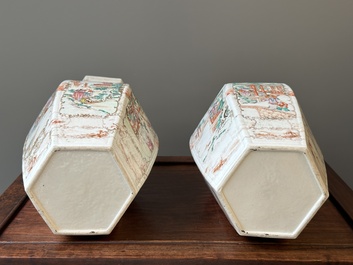 A pair of hexagonal Chinese Canton famille rose 'mandarin subject' vases, Qianlong