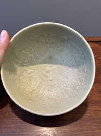 RETURNED 10/12/24 Two rare Chinese Longquan celadon bowls with figural anhua design, Yuan