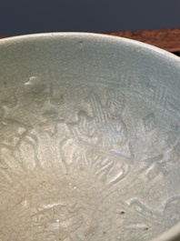 RETURNED 10/12/24 Two rare Chinese Longquan celadon bowls with figural anhua design, Yuan