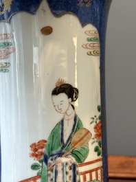 A Chinese famille verte powder-blue-ground 'court lady' beaker vase, Kangxi