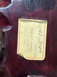 Paire de mod&egrave;les de paons en porcelaine de Chine &agrave; &eacute;mail flamb&eacute; sur socles en bois, 19&egrave;me