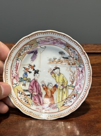 Six Chinese Canton famille rose 'mandarin subject' cups and saucers with four covers, Qianlong