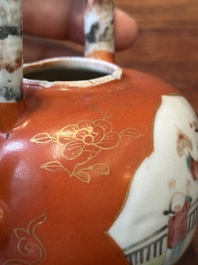 A Chinese famille rose coral-red-ground teapot with 'faux marbre' spout and handle, Jiaqing