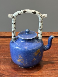 A Chinese gilt-decorated powder-blue teapot and cover with a faux-bamboo handle, Kangxi