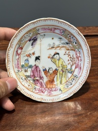 Six Chinese Canton famille rose 'mandarin subject' cups and saucers with four covers, Qianlong