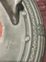 A large Chinese Longquan celadon 'trigrams' censer on wooden stand, Ming