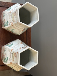 A pair of hexagonal Chinese Canton famille rose 'mandarin subject' vases, Qianlong