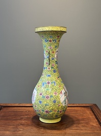 A Chinese Canton enamel yellow-ground vase, 19th C.