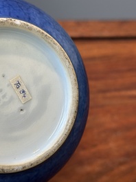 A Chinese gilt-decorated powder-blue teapot and cover with a faux-bamboo handle, Kangxi