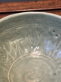 RETURNED 10/12/24 Two rare Chinese Longquan celadon bowls with figural anhua design, Yuan
