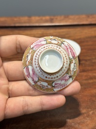 Six Chinese Canton famille rose 'mandarin subject' cups and saucers with four covers, Qianlong