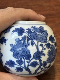 Een Chinese blauw-witte mosterdpot met floraal decor, Kangxi