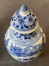 A Chinese blue and white covered vase with fishermen in a river landscape, jade mark, Kangxi