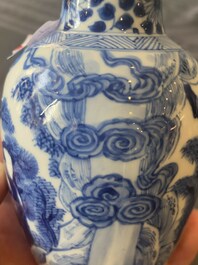 A Chinese blue and white covered vase with fishermen in a river landscape, jade mark, Kangxi