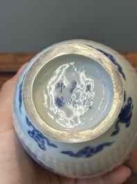 A fine Chinese blue and white silver mounted jar, signed Bo Gu Zhai 博古斎, Jiajing mark, Kangxi