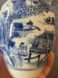 A Chinese blue and white covered vase with fishermen in a river landscape, jade mark, Kangxi