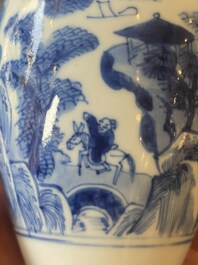 A Chinese blue and white covered vase with fishermen in a river landscape, jade mark, Kangxi
