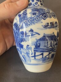 A Chinese blue and white covered vase with fishermen in a river landscape, jade mark, Kangxi