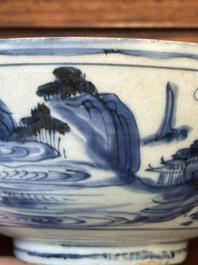 A Chinese blue and white bowl with figures in a landscape, Chenghua mark, Chongzhen