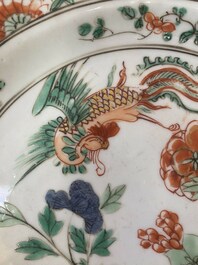 Three Chinese famille verte 'phoenix and peony' plates, Kangxi