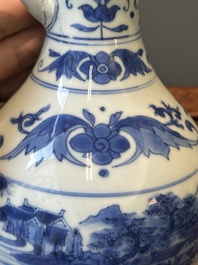 A Chinese blue and white ewer with landscape design, Transitional period