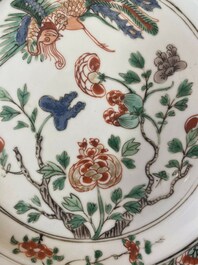 Three Chinese famille verte 'phoenix and peony' plates, Kangxi
