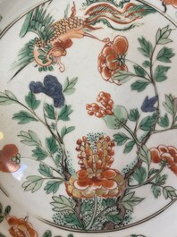 Three Chinese famille verte 'phoenix and peony' plates, Kangxi