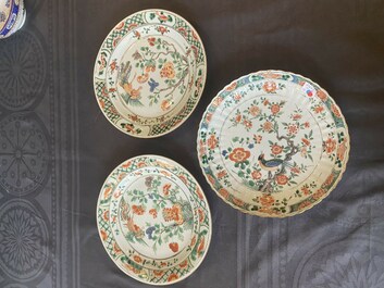 Three Chinese famille verte 'phoenix and peony' plates, Kangxi