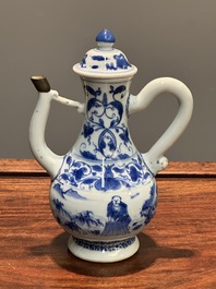 Verseuse couverte en porcelaine de Chine en bleu et blanc &agrave; d&eacute;cor d'un p&ecirc;cheur et un b&ucirc;cheron, p&eacute;riode Transition
