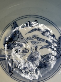 A Chinese blue and white bowl with figures in a landscape, Chenghua mark, Chongzhen