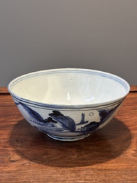 A Chinese blue and white bowl with figures in a landscape, Chenghua mark, Chongzhen