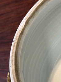 A Chinese blue and white covered bowl with floral design and gilt bronze mounts, Transitional period