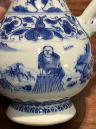 Verseuse couverte en porcelaine de Chine en bleu et blanc &agrave; d&eacute;cor d'un p&ecirc;cheur et un b&ucirc;cheron, p&eacute;riode Transition