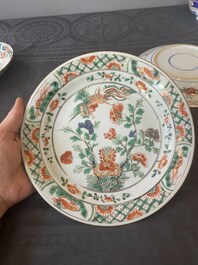 Three Chinese famille verte 'phoenix and peony' plates, Kangxi