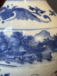 A Chinese blue and white ewer with landscape design, Transitional period
