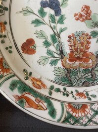 Three Chinese famille verte 'phoenix and peony' plates, Kangxi