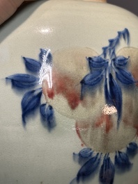 A Chinese celadon-ground blue, white and copper-red ginger jar with reticulated wooden cover and stand, 18th C.