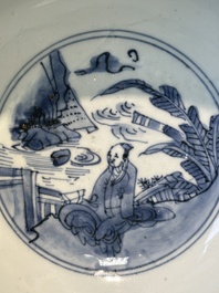 A Chinese blue and white bowl with figures in a landscape, Chenghua mark, Chongzhen