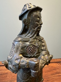 A fine Chinese gilt bronze figure of Zhou Cang 周倉, Ming