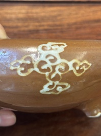 A rare Chinese Swatow slip-decorated brown-glazed tripod censer with cranes, Ming