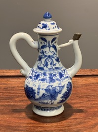 Verseuse couverte en porcelaine de Chine en bleu et blanc &agrave; d&eacute;cor d'un p&ecirc;cheur et un b&ucirc;cheron, p&eacute;riode Transition
