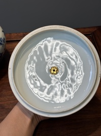 A Chinese blue and white covered bowl with floral design and gilt bronze mounts, Transitional period