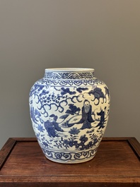 Een Chinese blauw-witte pot met 'Ba Xian Zhu Shou 八仙祝壽', Wanli merk en mogelijk periode