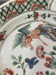 Three Chinese famille verte 'phoenix and peony' plates, Kangxi