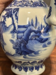 Verseuse en porcelaine de Chine en bleu et blanc &agrave; d&eacute;cor de figures dans un paysage, &eacute;poque Transition