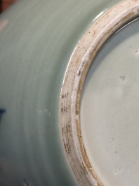 A Chinese celadon-ground blue, white and copper-red ginger jar with reticulated wooden cover and stand, 18th C.