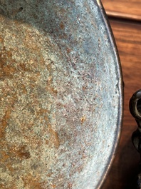 A Chinese bronze ritual wine vessel and cover, 'you', Yuan/Ming